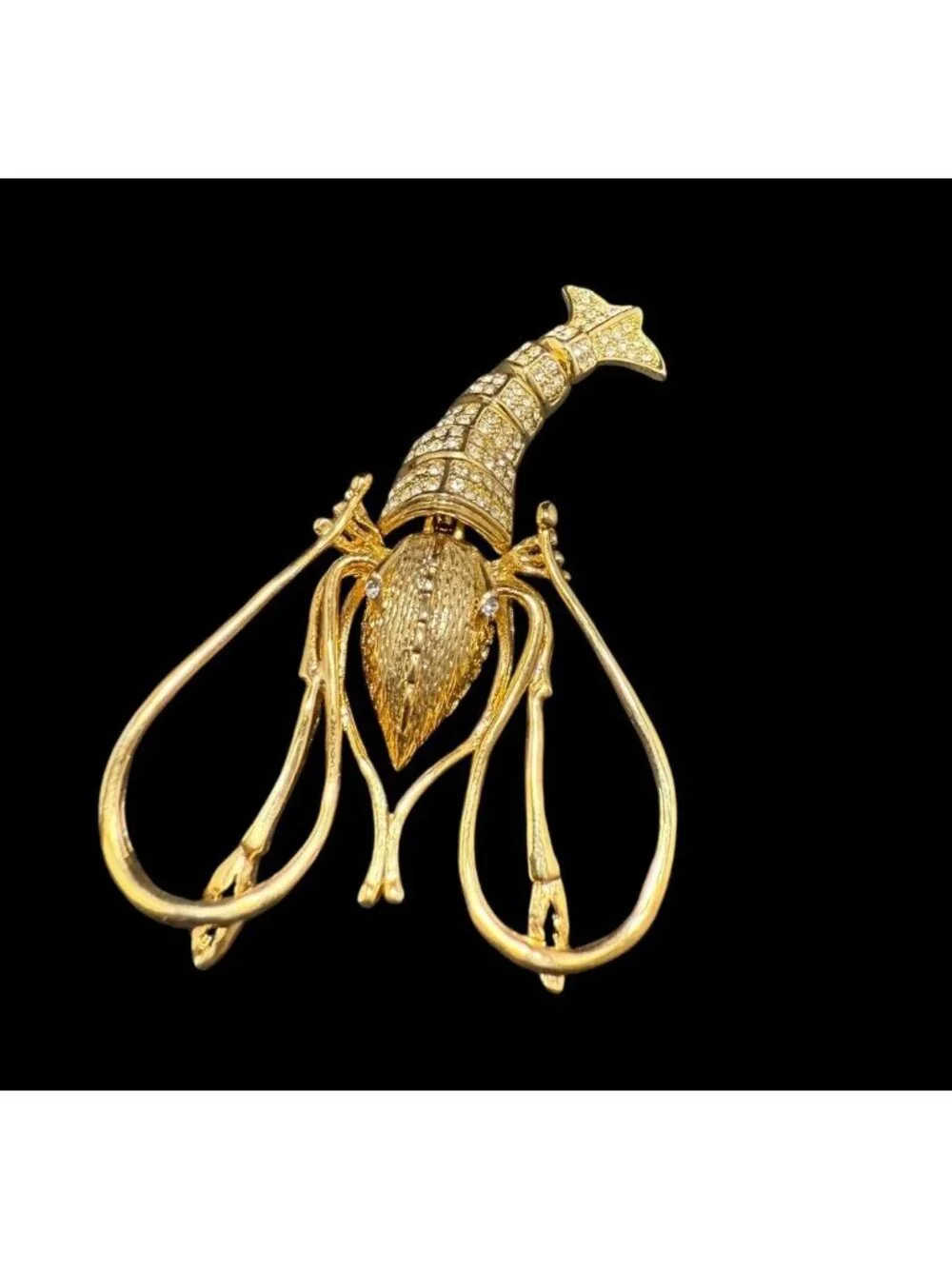 Vintage Articulated Shrimp Brooch Prawn Gold Tone Pave Rhinestone Movable